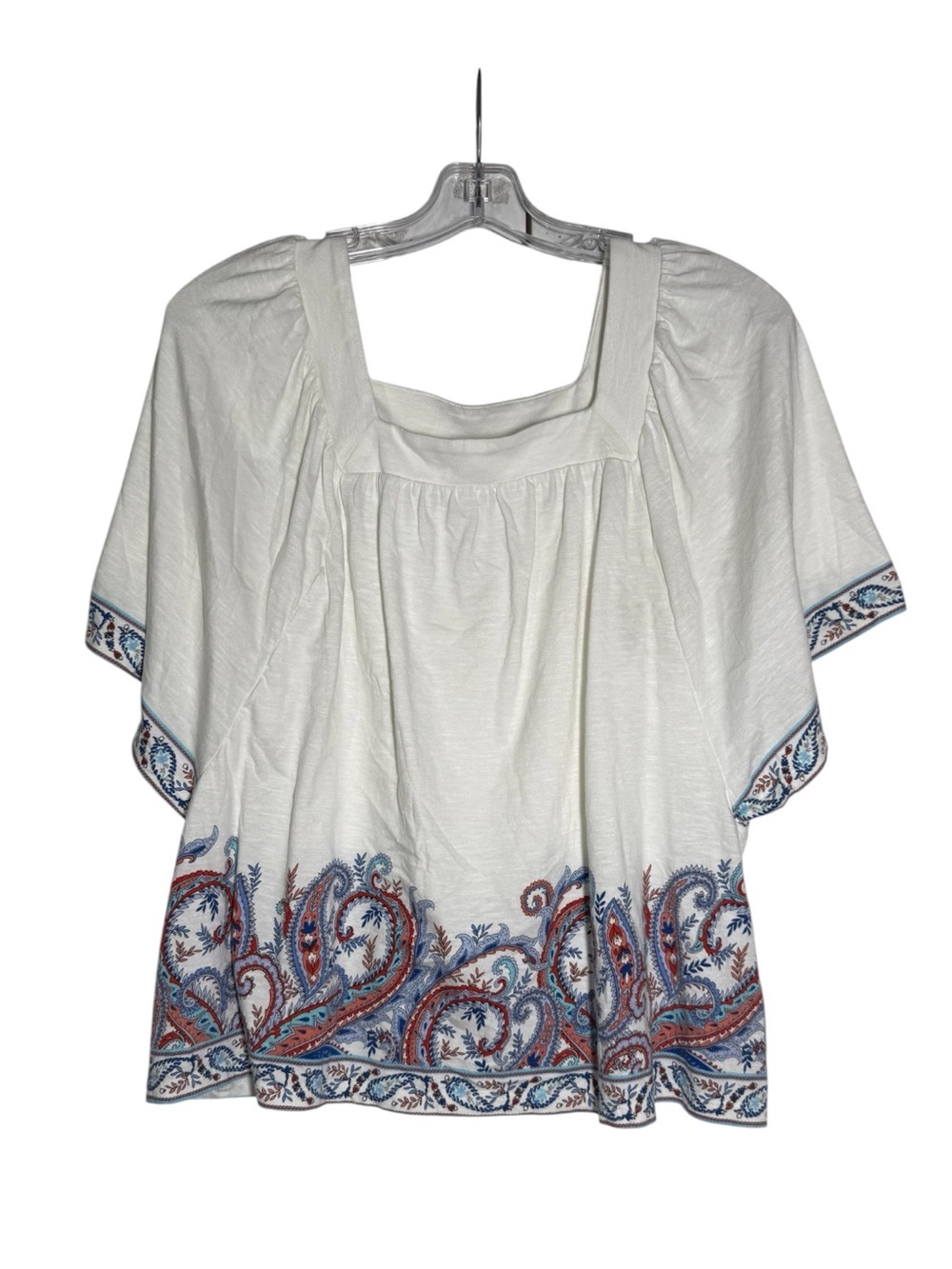 J. Jill Peasant Blouse White Paisley Hem Square Neck Flutter Sleeves SIze LP